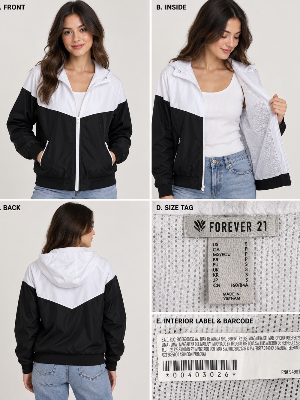 Forever 21 Black and White Colorblock Bomber Jacket with Hood